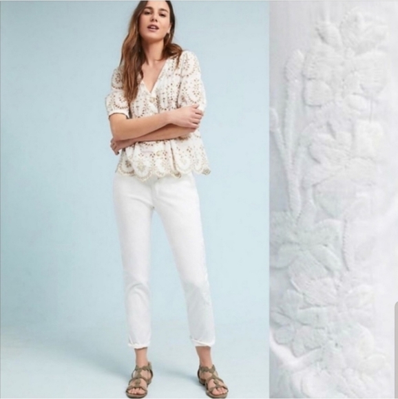 Anthropologie Chino Relaxed White Embroidered Pant - Picture 1 of 11